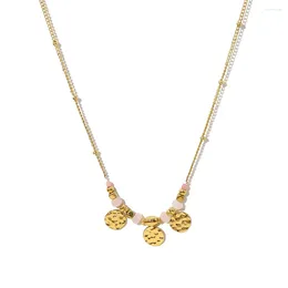 Pendant Necklaces Hammered Small Round Pink Crystal Beads Necklace Waterproof Gold Plated Stainless Steel Clavicle Chain Choker For Girls