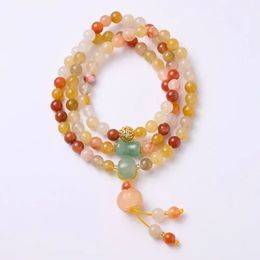 Three-Strand Natural Jade Pumpkin Bracelet with Golden Thread for Women Causal Jewelry with Cloud and Tassel Pendant Accessories 240109