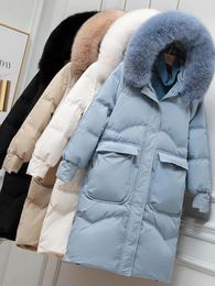 Jackets 2022 Xlong White Duck Down Winter Jacket Women Big Pocket Coat Really Natural Fox Fur Collar Hooded Warm Outerwear Streetwear