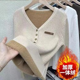 Women's Sweaters Women Fashion Autumn Winter V-neck One-piece Velvet Warm Loose Casual Knitted Pullovers Female Bottom Shirt Jumper