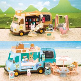 School Bus Book Shelf 112 Dollhouse Forest Family Ice Cream Sales Vehicle Miniature Furniture For Girl Play House Birthday Gift 240108