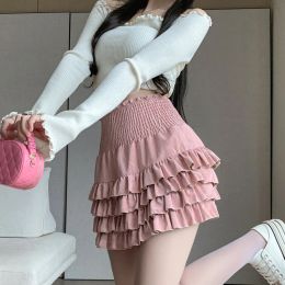 Harajuku Y2K Sweet Pink Ruffle Skirt Aesthetic Fairy Grunge Kawaii PU Leather Skirt Ball Gown Japanese Lolita Cake Mini