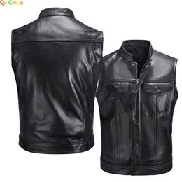 Black Collar Sleeveless PU Vest Jacket Men's Single-breasted Up and Down with Pockets Faux Leather Vests Coat S M L XL XXL XXXL 240108