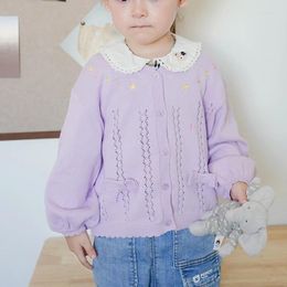 Jackets 1-6yrs Cute Bow Purple Embroidery Jacket Girls Cardigan V-neck Sweater Pink Coat 1 2 3 4 5 6 Years Old Kid Clothes OGC241113