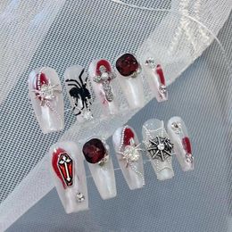 False Nails 10pcs Handmade Fake Black Spider Design Press On Red Y2k Patch Women Girl Wearable