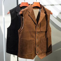 Jackets Men's Vest Coffee Black Corduroy Tweed Tailored Collar Retro Tooling Waistcoat Single Breasted 3 Pockets Vintage Wedding Vest