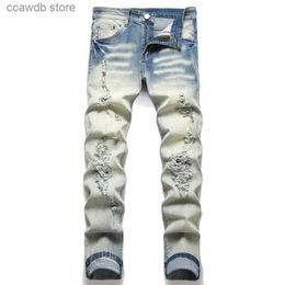 Men's Jeans Men's Fashion Casual Hole Spray Painted Jeans Trendy High Street elasticity Denim Fabric Pants T240109