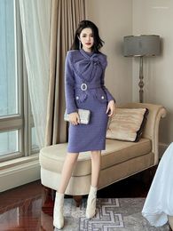 Casual Dresses HIGH STREET F/W Designer Runway Fashion Women's Big Bow Diamond Buckle Belt Tweed Dress