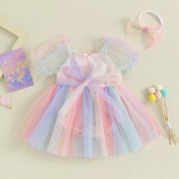 Girl Dresses Infant Baby Summer Mesh Lace Bodysuits Dress With Bow Headband Sleeveless Tulle Patchwork Romper Set