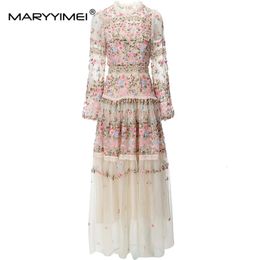 MARYYIMEI Vintage Fashion Designer Dress Womens Mesh Embroidered Translucent Lantern Sleeve Slim White Long 240108