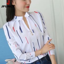 JFUNCY Women White Tops Women's Blouses Fashion Stripe Print Casual Long Sleeve Office Lady Work Shirts Female Slim Blusas 240109