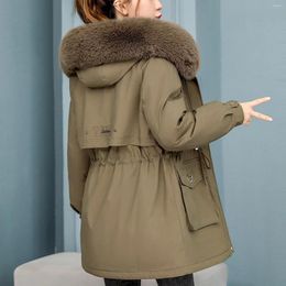 Women's Trench Coats Down Cotton Jacket 2024 Winter Ladies Plush Collar Mid Length Coat Fashion Casual Warm Pocket Outwear