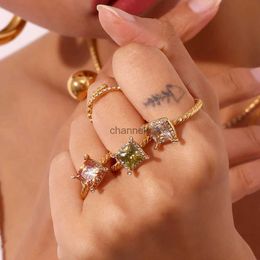 Cluster Rings Elegant Vintage Champagne Green Clear Square Zircon Stainless Steel Ring For Women Anniversary Gift Waterproof Jewelry YQ240109