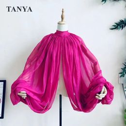 Pink Silk Chiffon Wedding Cloak Puffy Sleeves Jacket Bridal Accessories Short Bolero Shawl Free Size High Neck With Buttons 240108