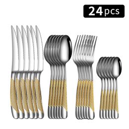 24pc Stainless steel tableware star steak knife and fork dessert fork spoon family suits 240108