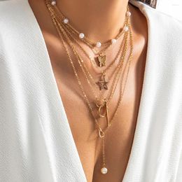 Pendant Necklaces Butterfly Star Heart Shaped With Collar Necklace Women 2024 Multi Layered Gold Color Metal Girl Fashion Charm Jewelry