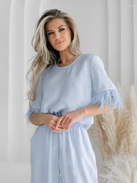 Women's Sleepwear 2024 Loose Feathers Pyjama Sets High Waist Night Wears For Women Round Neck Short Sleeve White Blue Home Clothes