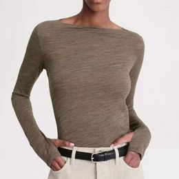 Women's T Shirts Women Early Spring Textured Wool Blend Slim Fit Boat Neck Long-sleeved Top