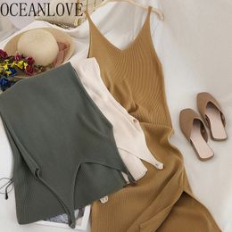 OCEANLOVE V Neck Solid Knitted Dresses Casual All Match Simple Fashion Korean Women Dress Elegant Vestidos Clothes 15517 240109