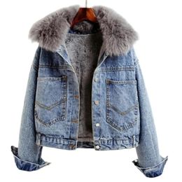 Winter Women Denim Coat Jacket Short Fox Collar Warm High Street Outerwear Thicken Coat High Quality Luxury Design Party Wear 240104