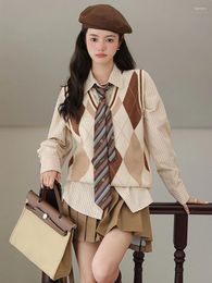 Work Dresses Women's Shirt Beige Single Breasted Lapel Long Sleeve Knit Vest Diamond Plaid Contrast Sleeveless Khaki Pleated Skirt High