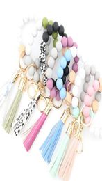 Party Favour Silicone Bead Bracelets Beech Tassel Key Chain Pendant Leather Bracelet Women039s Jewellery 14 Style DB7027035759