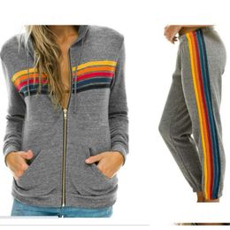 Womens Hoodies Sweatshirts Designer Zip Up Oversized Hoodie Rainbow Harajuku Donsignet Jacket Casual Fashion Striped Plus Size Coat Dr Otrmq