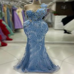 2024 Aso Ebi Sky Blue Mermaid Prom Dress Pearls Crystals Beaded Evening Formal Party Second Reception Birthday Engagement Gowns Dresses Robe De Soiree ZJ423