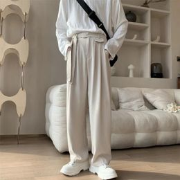 Pants Apricot/Black Belt Suit Pants Men Fashion Society Mens Dress Pants Korean Loose Straight Wide Leg Pants Mens Formal Trousers