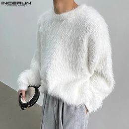 INCERUN Tops Korean Style Mens Loose Imitation Plush Fabric Pullover Casual Streetwear Solid Long Sleeved Sweater S-5XL 240109