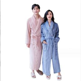 Women Men Thick Warm Coral Fleece Long Bathrobe Winter Kimono Flannel Bath Robe Nightgown Women Dressing Gown Male Sleepwear Spa 240104