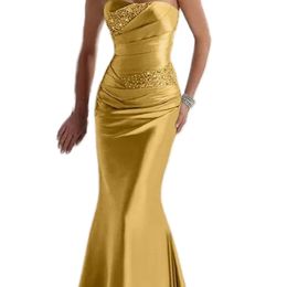 Prom Dresses 2024 Aso Ebi Gold Mermaid Dress Sweetheart Beaded Satin Evening Formal Party Second Reception Birthday Engagement Gowns D Otauf