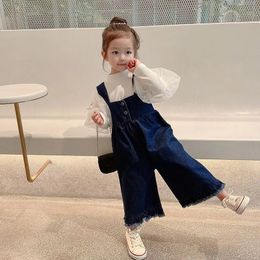 女の子のデニムオーバーオール秋の服のズボンガールズファッションキッズ衣装女の子ベイビースプリング服ワイドレッグパンツ240108