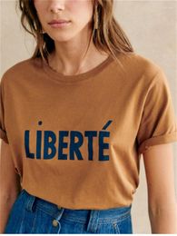 Women's T Shirts Women O-Neck Letter Print T-Shirt Summer 2 Colors French Ladies Short Sleeve Cotton Vintage Straight Tee Tops