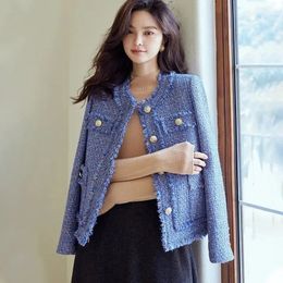 Tweed Coats Autumn Women Jacket Cropped Tops Short Coat High Quality Round Neck Buttons Blue Outerwear Clothes 240109