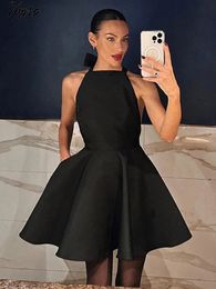 Black Backless Halter Mini Dress For Women Off Shoulder Hollow Out Fashion Sleeveless Aline Club Party Lady Sexy 2024 240109
