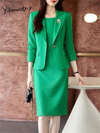 Yitimuceng Solid Suits Set Women Fashion Office Ladies Single Button Loose Blazers Slim Elegant Sleeveless Dress 240108