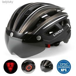 Cycling Helmets Lixada Bicycle Helmet LED Moutain Road USB Rechargeable Light Cycling Helmet For Man Sun Visor Goggles Men MTB Bike HeadgearL240109