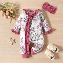 ruffle long sleeve fall toddler girl clothes baby romper jumpsuit with hair hoop baby long sleeved zipper onesies
