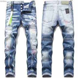 Men's Jeans Light luxury mens slim fit stitching decors blue denim pants high quality white ink splash scratches jeans sexy casual jeans;L240109