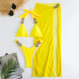 Yellow Sexy Rhinestones Bikinis Women Swimwear Female Swimsuit Swimming Bathing Suits Brazilian Bikini Set Beachwear Bather 240109