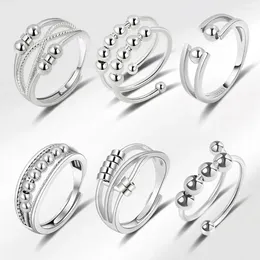 Cluster Rings Women Anxiety Ring 925 Sterling Silver Spinner Adjustable Open Fidget With Beads For Relief Solid Jewellery