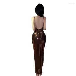 Casual Dresses Sexy Backless U-neck Chest Revealing Long Dress With Suspender And Glossy Slim Fit Trend