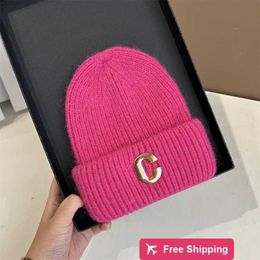 Designer Ball Caps Candy Coloured metal C-letter rabbit hair wool hat, autumn and winter basic style solid Colour loose fitting hood, warm couple hat 3499