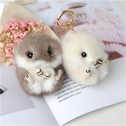 Real Genuine Mink Fur Hamster Mouse Toy Doll Pompom Ball Bag Charm Keychain Pendant Keyring274d