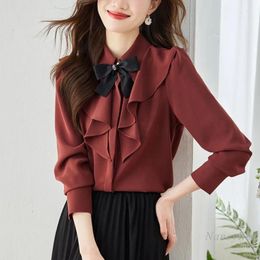 Women's Blouses Fashion Office Women Chiffon Shirt Woman's Clothing Spring 2024 Beautiful Chic Top Ruffles Bow Collar Blouse Buttons Blusas