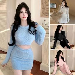 2 Pcs/Set Sweater Skirt Set Solid Colour Furry Round Neck Long Sleeves Warm Slim Fit High Waist Knitted Club Sweater Skirt Set 240104