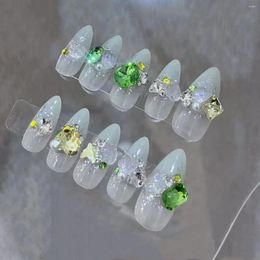 False Nails 10pcs Handmade Fake Green Crystal Design Press On Nude Almond Patch Women Girl Wearable