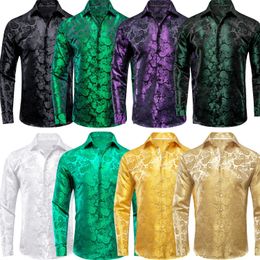 Hi-Tie Jacquard Silk Mens Shirts Lapel Long Sleeve Wedding Business Shirt Cowboy High Quality Blue Gold Green Purple White Black 240108