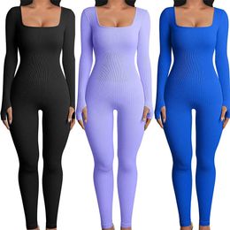 Women Skinny Jumpsuit Solid Color Ribbed Knit Long Sleeve Square Neck Bodycon Romper Work Out Sport Yoga Playsuits 240109